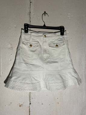 7 For All Mankind White Denim Flounce Hem Mini Skirt with Gold Buttons